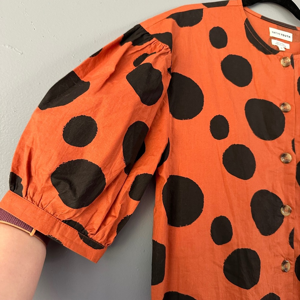 Native Youth Orange + Black Spotted Bubble Sleeve Oversized Top SMALL - Picture 3 of 7